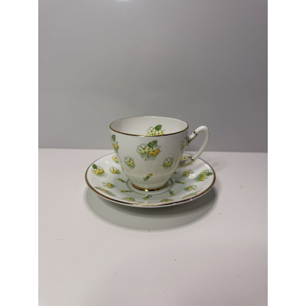 Gladstone Bone China England Primrose Teacup & Saucer Yellow Floral VTG